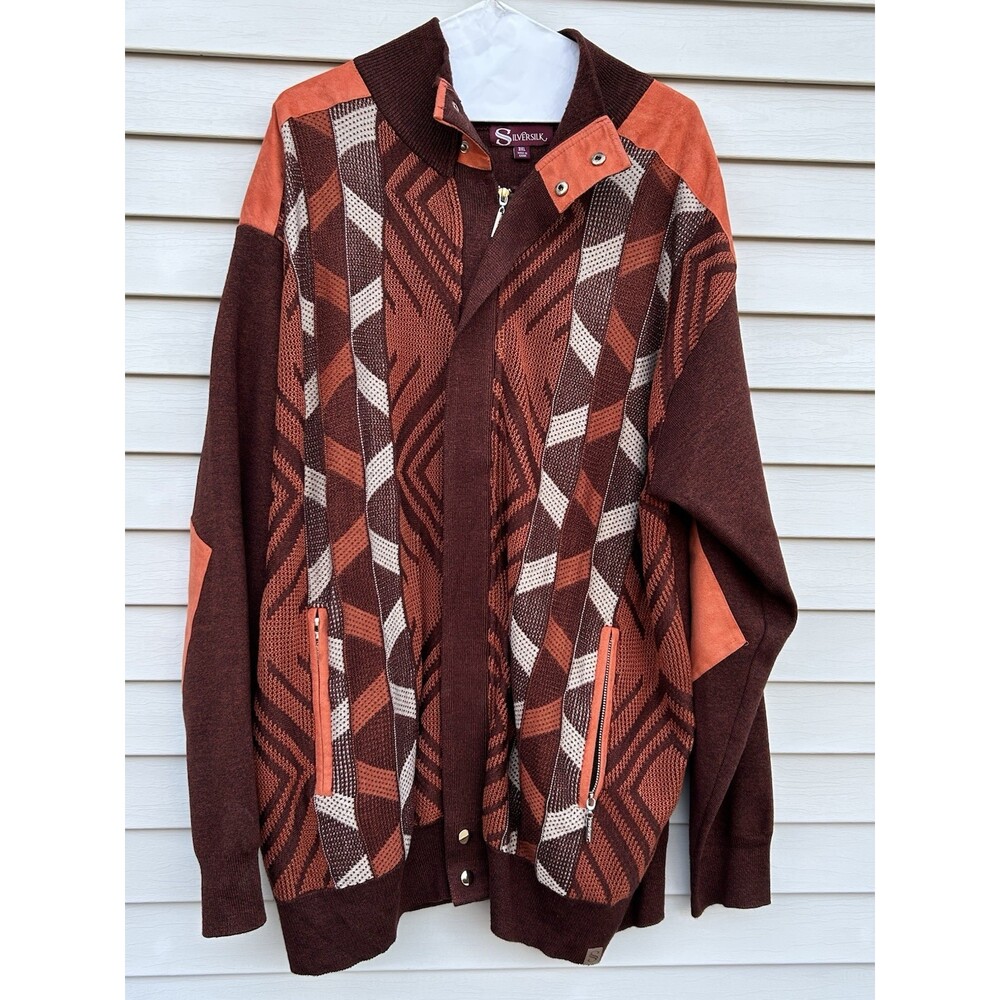 Silversilk Rust Orange & Cream Pattern Full  Zip Sweater 3XL Very  Stylish